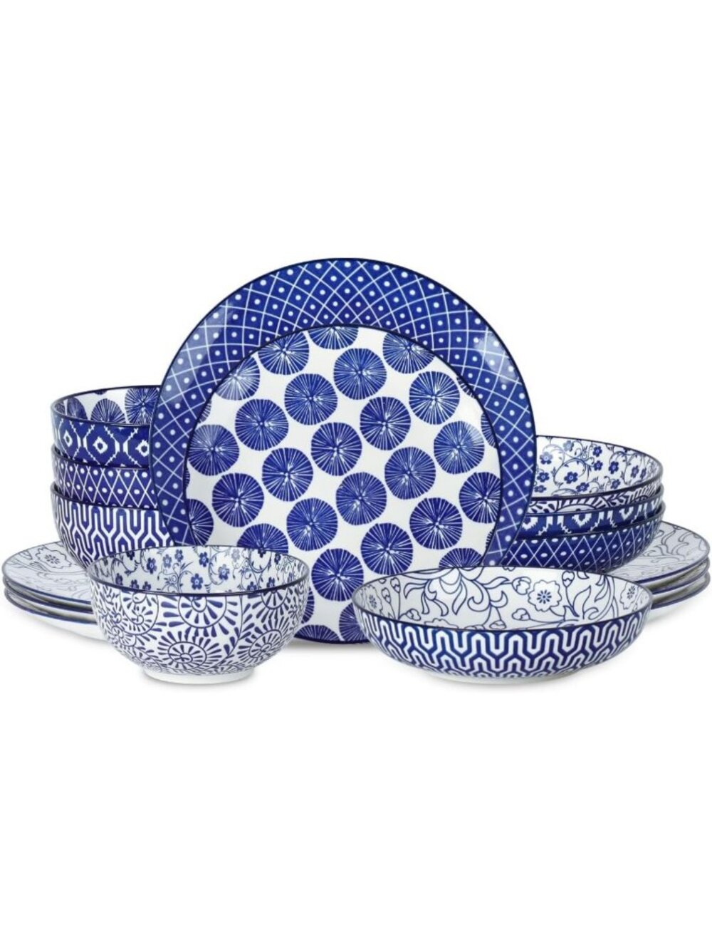 Vintage Blue Ceramic Dinnerware Set, 16 Pieces for 4, Dishwasher & Microwave